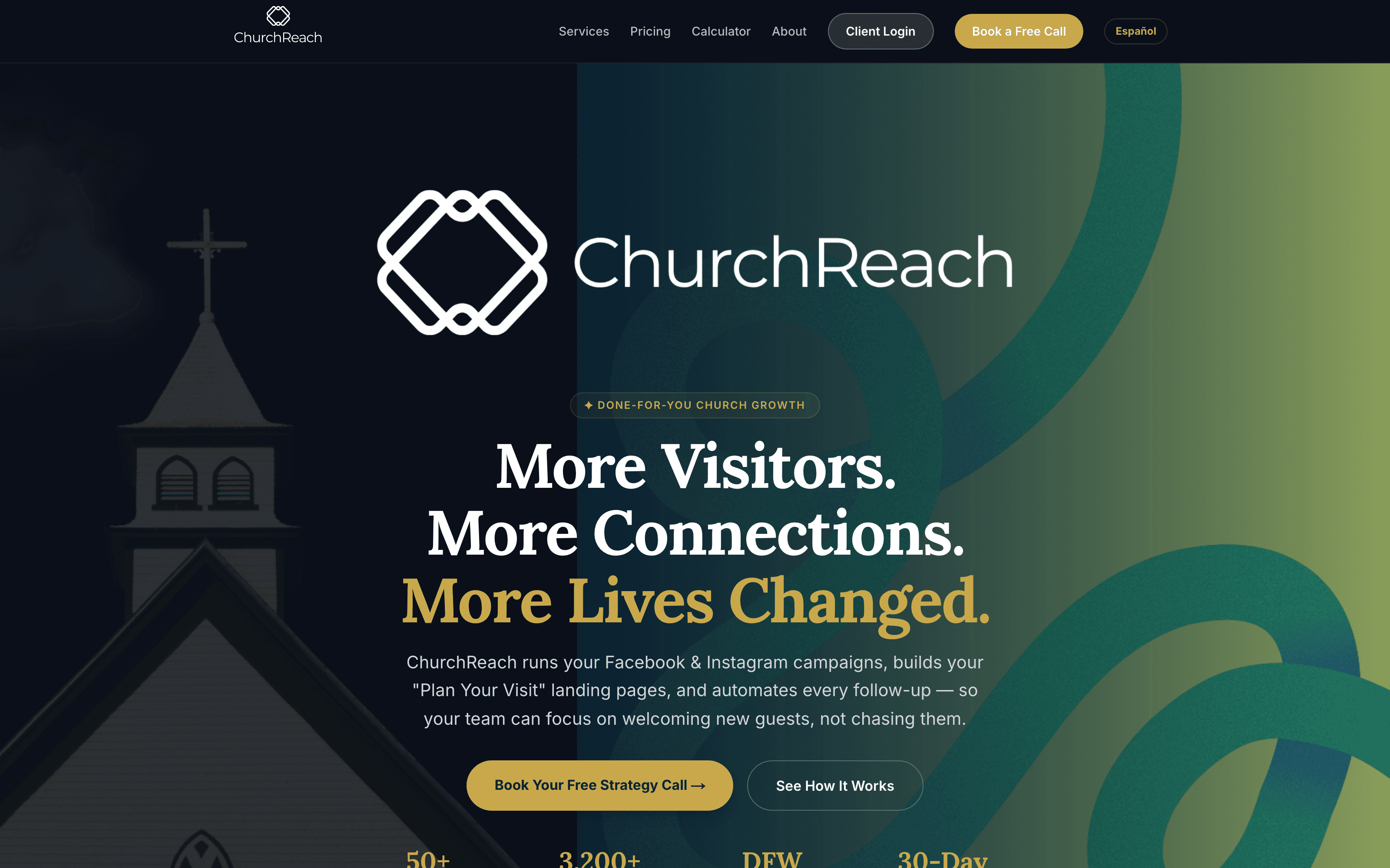 ChurchReach homepage — gold and teal church growth marketing.