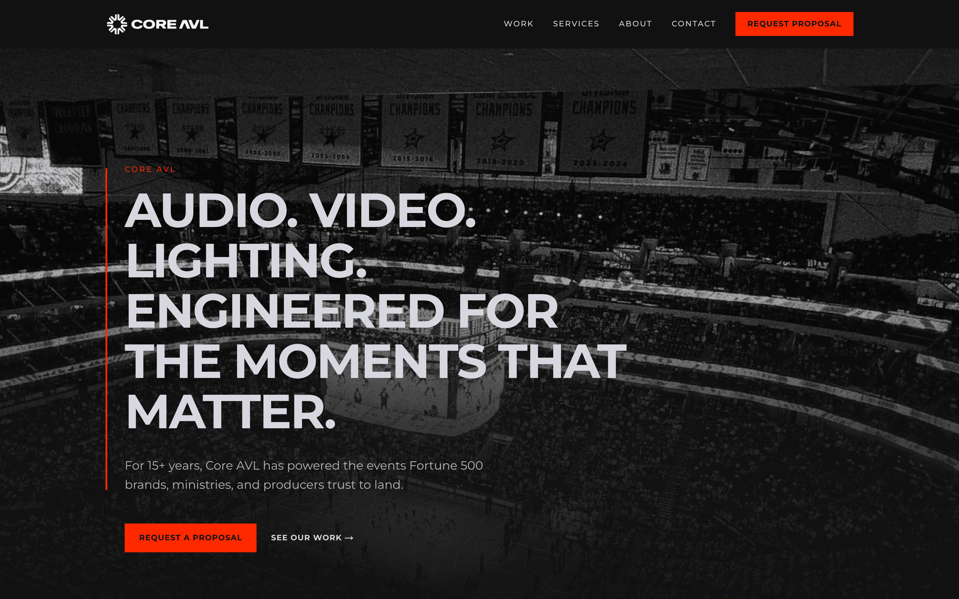 Core AVL homepage — arena hero with bold typography.