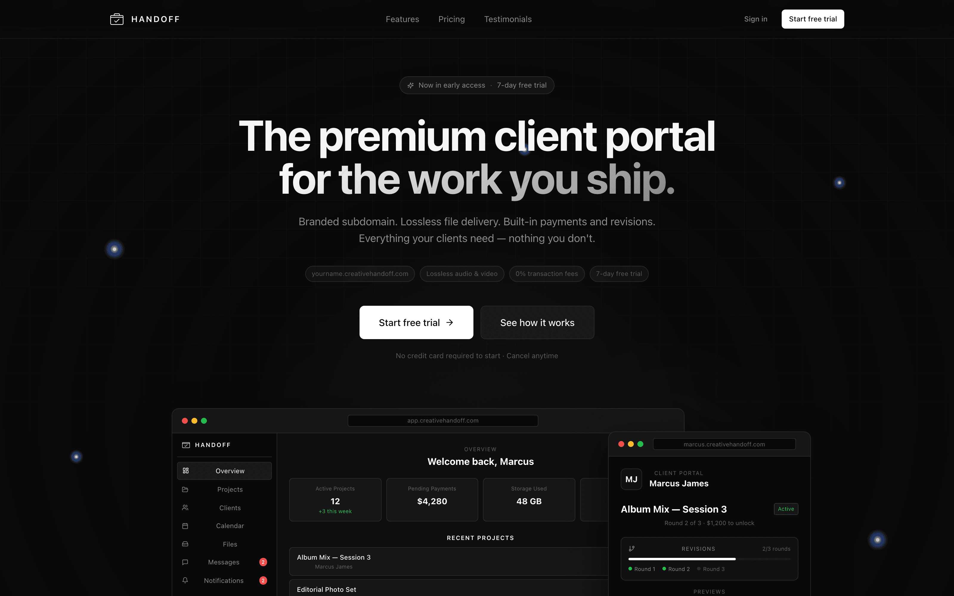 Handoff homepage — premium dark dashboard interface.